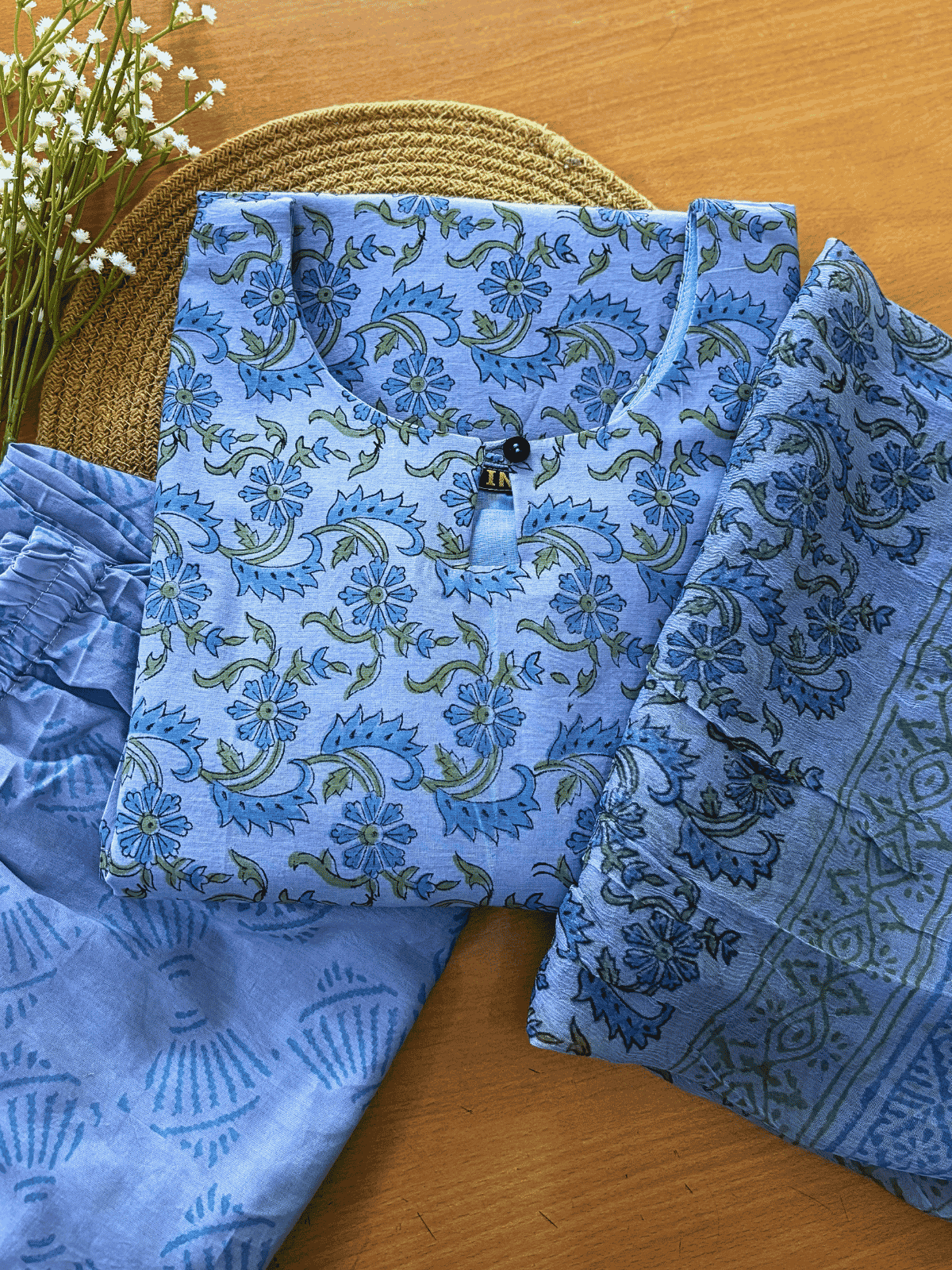 AC213 Ice Blue Handblock Cotton suit