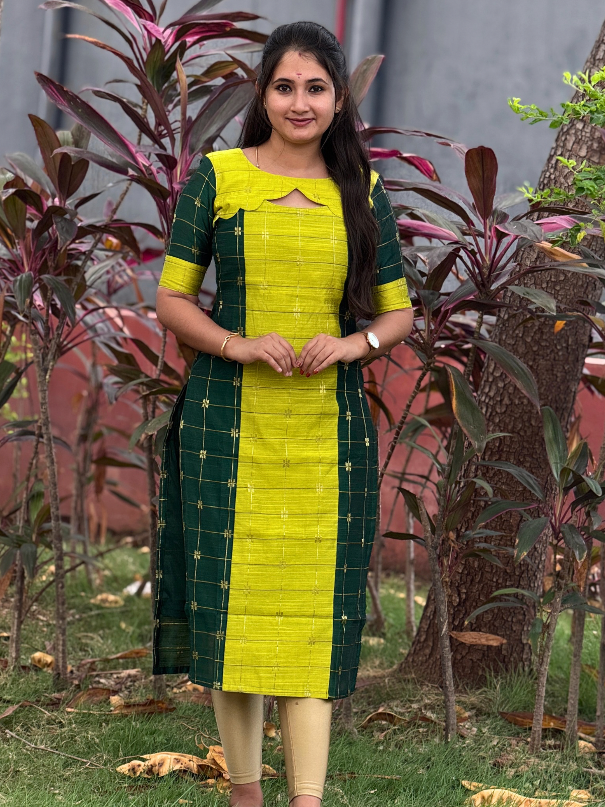AC216 Bottle Green Raw Silk Dual color Kurti