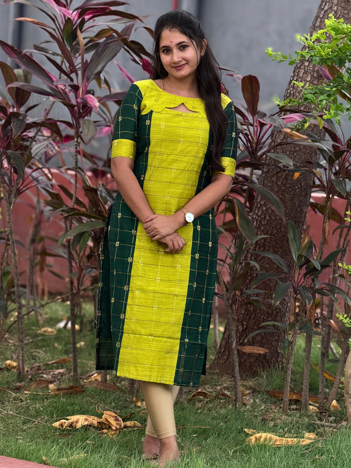 AC216 Bottle Green Raw Silk Dual color Kurti