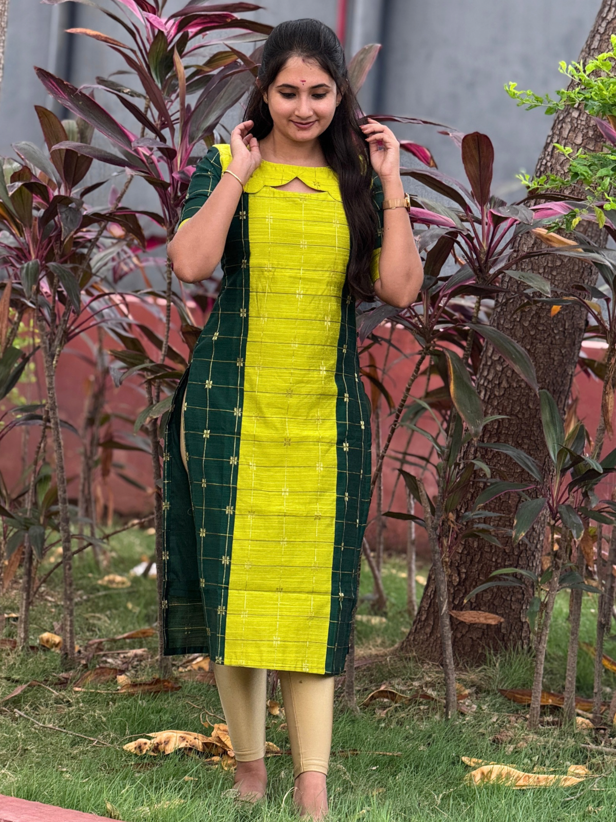 AC216 Bottle Green Raw Silk Dual color Kurti