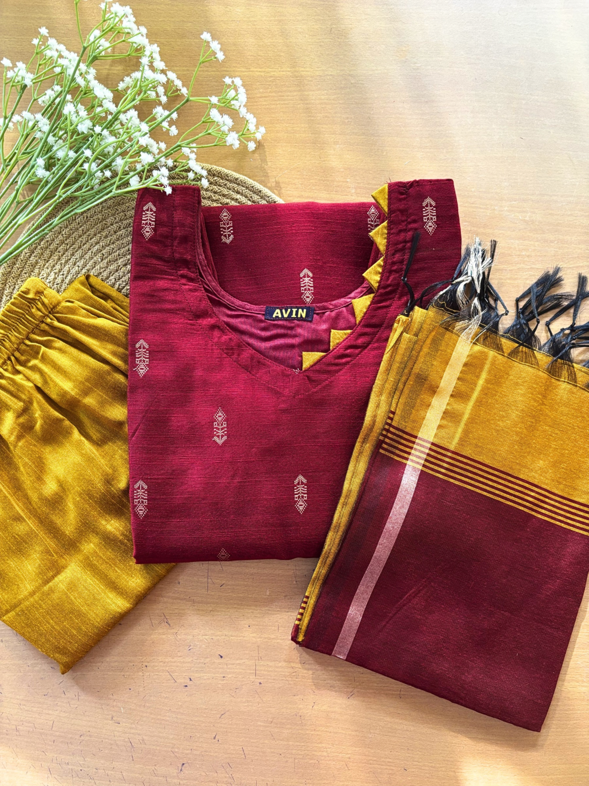 AC220 Red & Mustard yellow Raw Silk Kurti Set