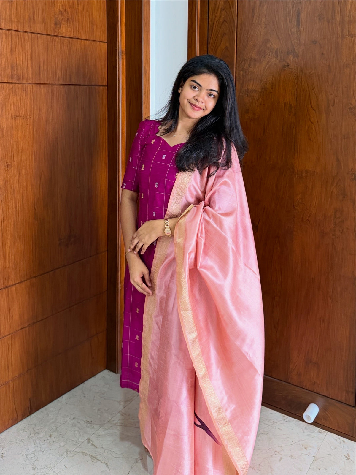 AC234 Magenta Pink Raw Silk kurti dupatta set