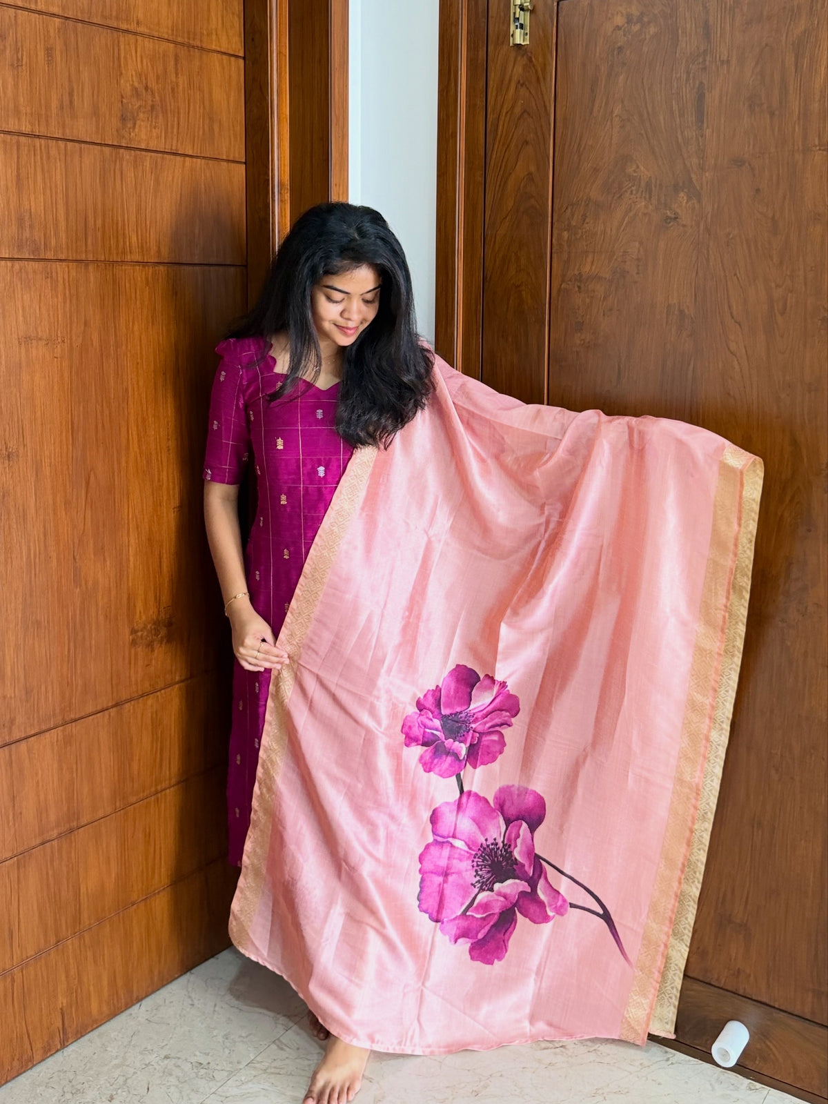 AC234 Magenta Pink Raw Silk kurti dupatta set