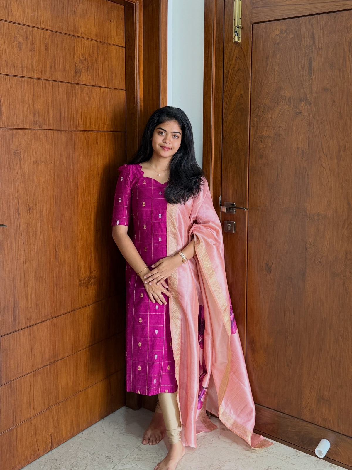 AC234 Magenta Pink Raw Silk kurti dupatta set