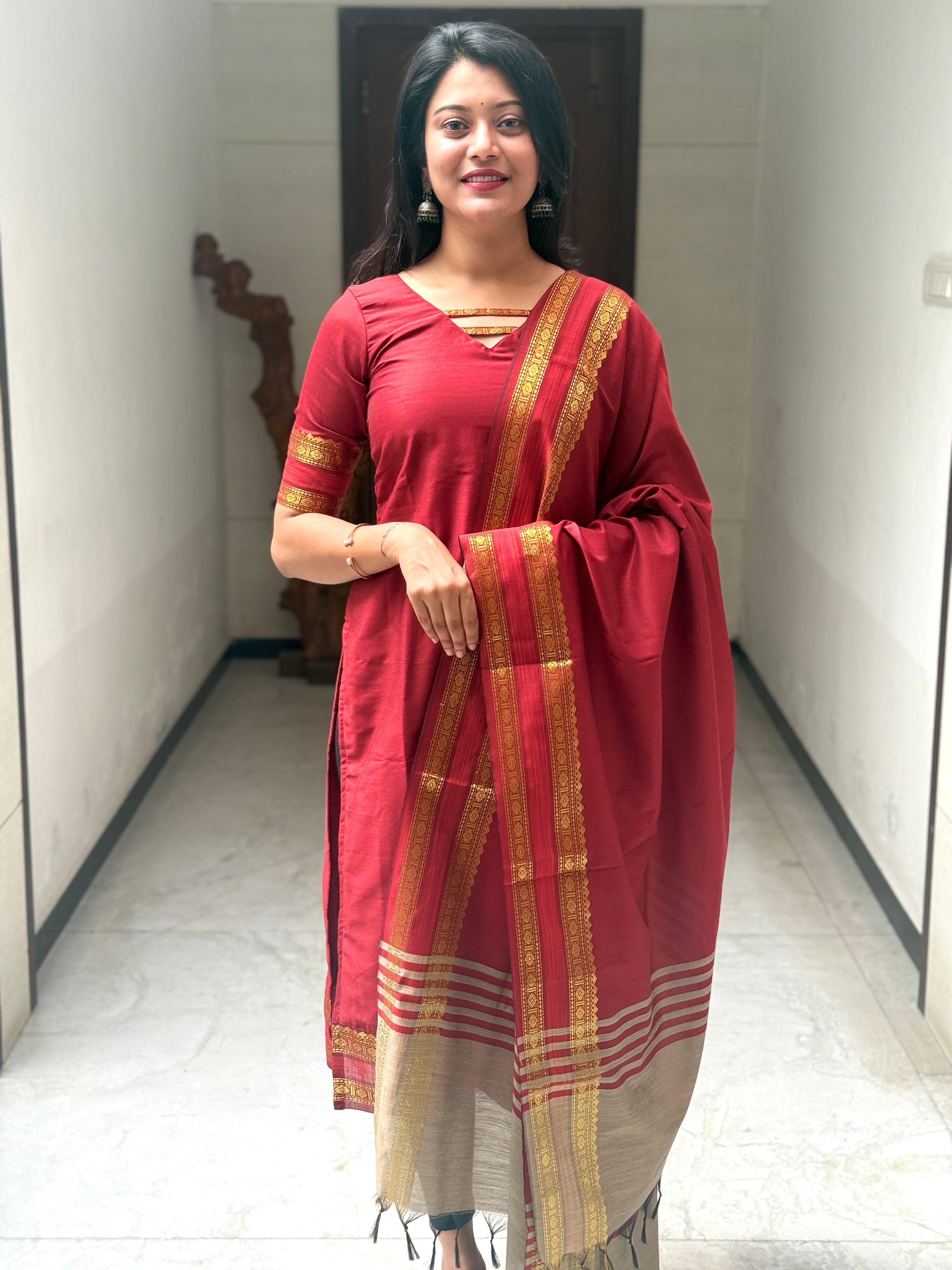 AC145 Soft Raw Silk Kurti Dupatta Set