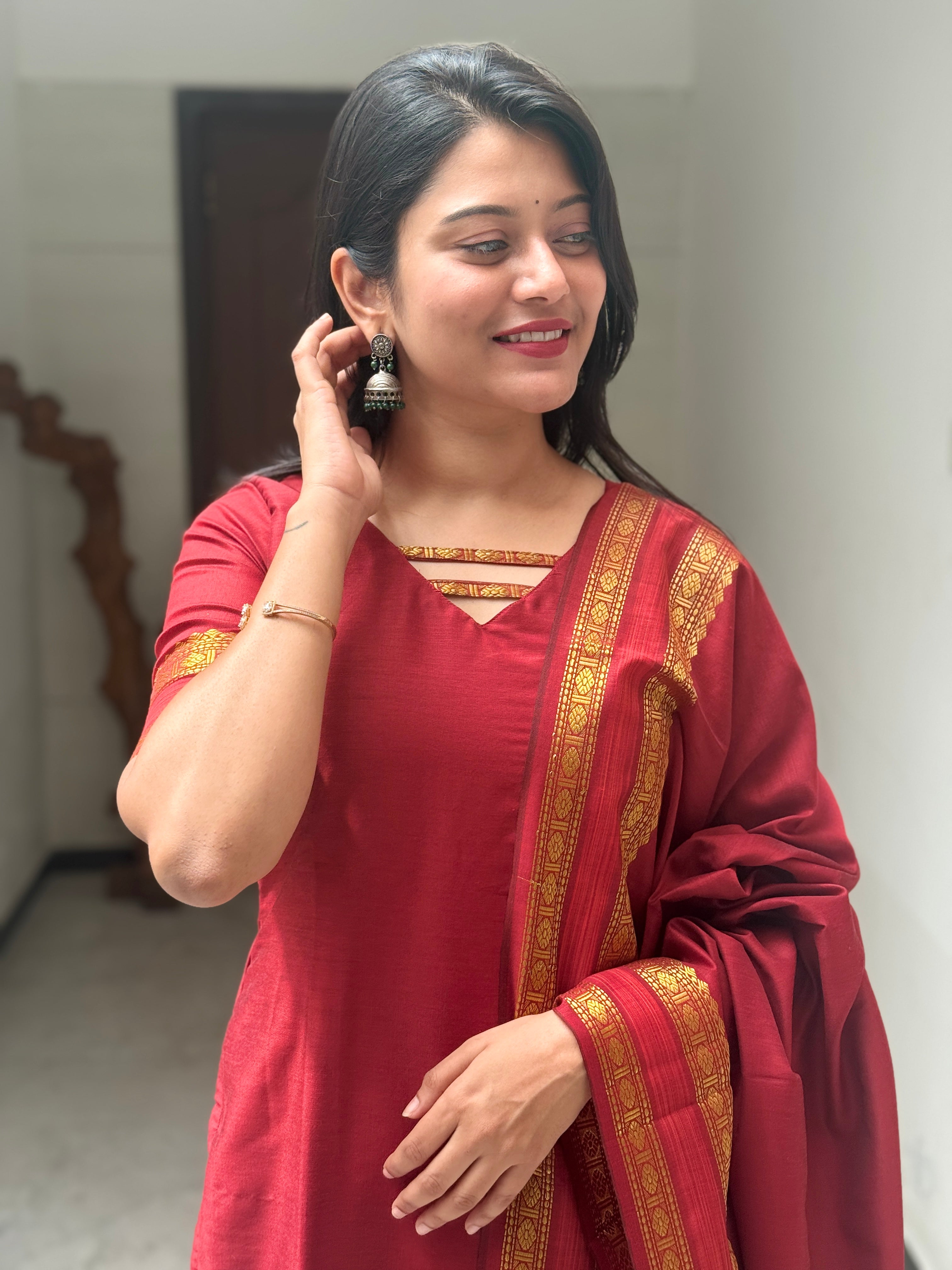 AC145 Soft Raw Silk Kurti Dupatta Set
