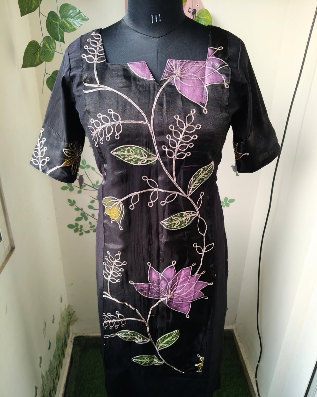 AC090 Black Raw Silk Designer Kurti