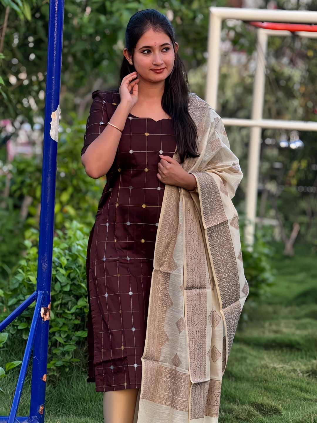 AC155 Coffee Brown Raw Silk Kurti Dupatta Set