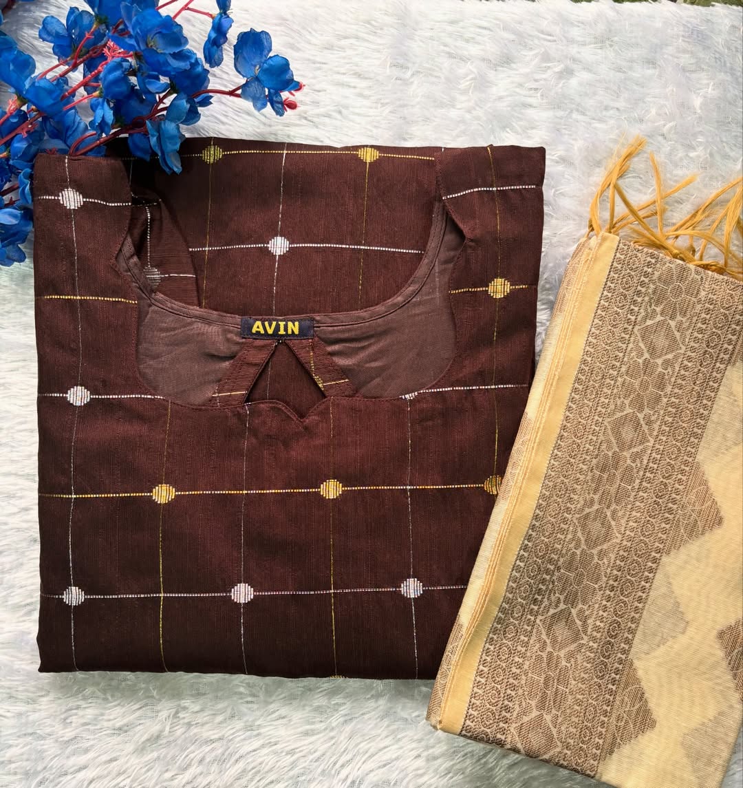 AC155 Coffee Brown Raw Silk Kurti Dupatta Set