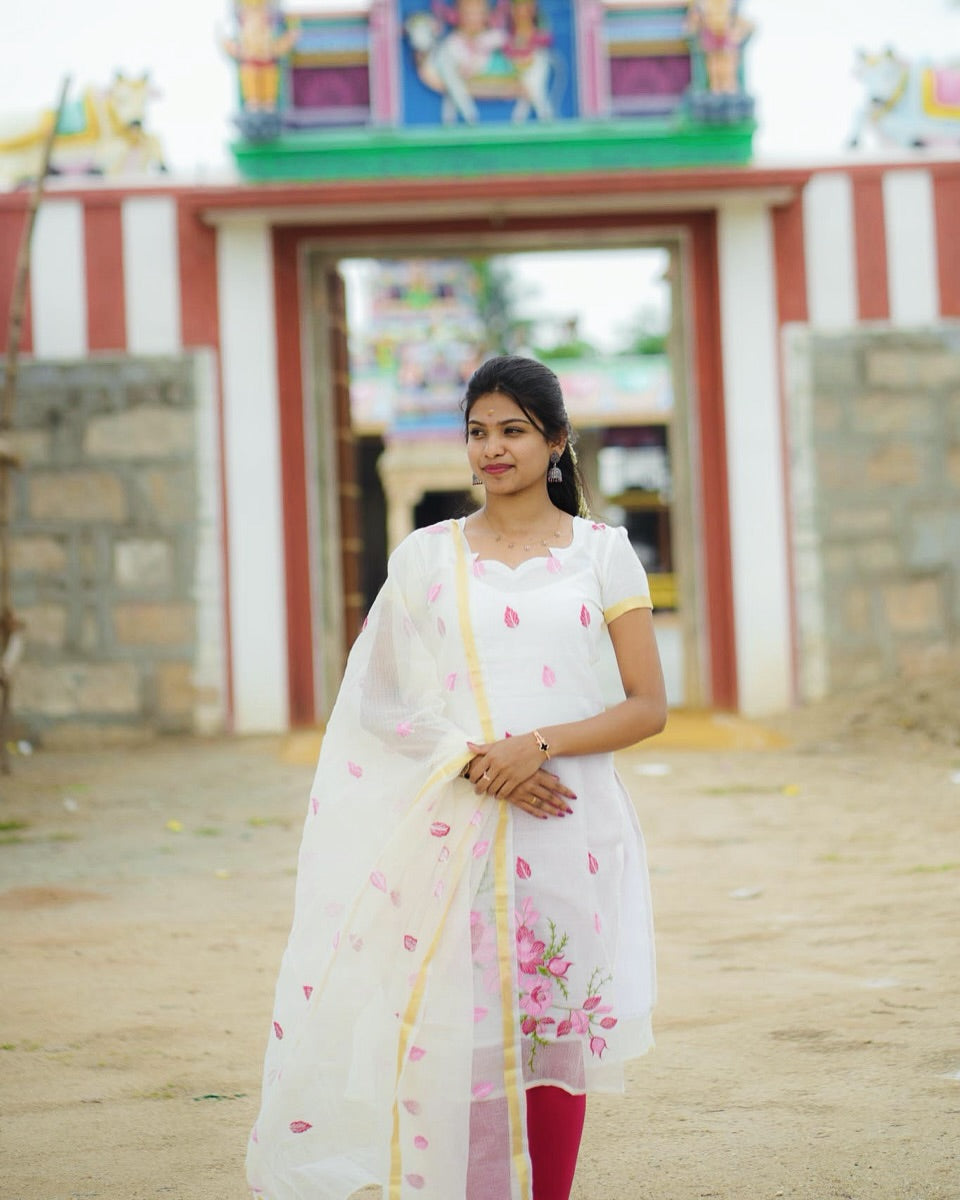 AC164 White Kota Embroidery Kurti Dupatta Set