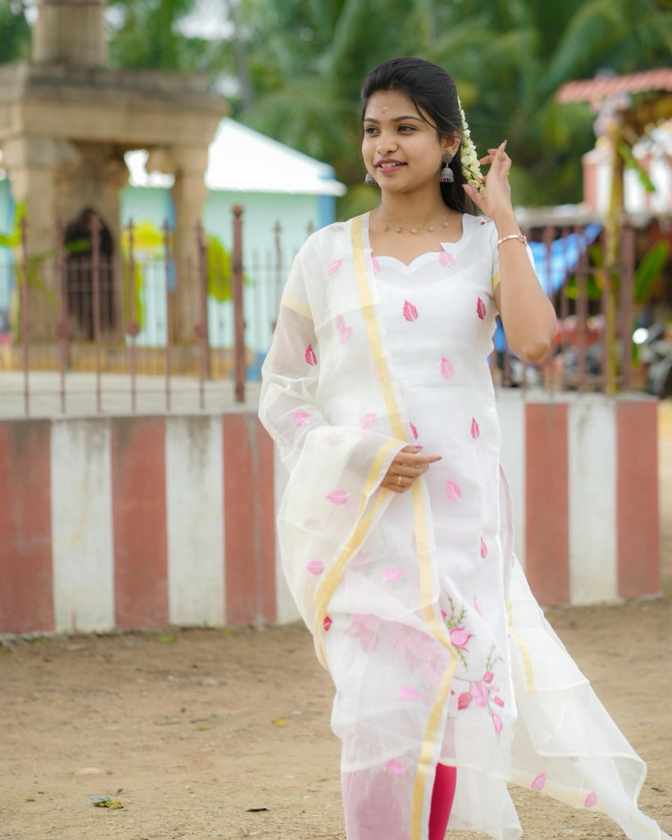 AC164 White Kota Embroidery Kurti Dupatta Set
