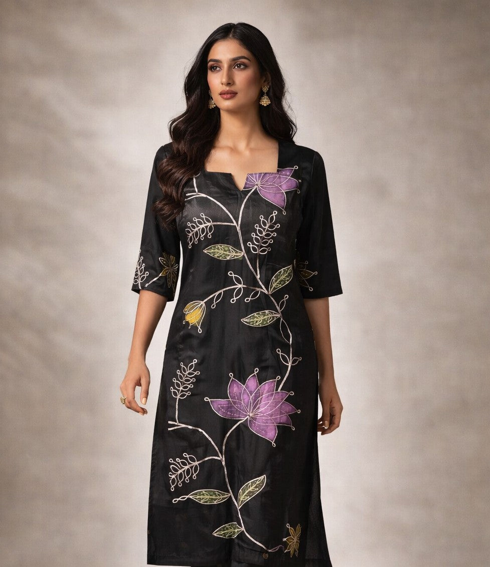 AC090 Black Raw Silk Designer Kurti – Avin Couture