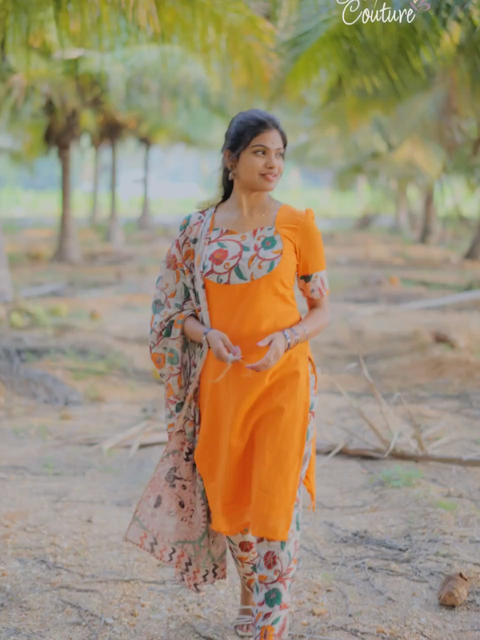 AC198 Kalamkari Orange Cotton Kurti Set