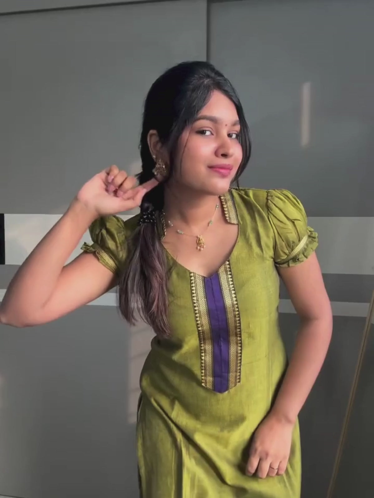 AC192 Mehendi Green Narayanpet Kurti Dupatta Set